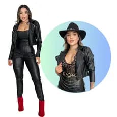 Blusa Jaqueta Couro Ecológico Feminina Jaqueta Com Zíper e Bolso Lateral Fake Jaquetinha Feminina Courino