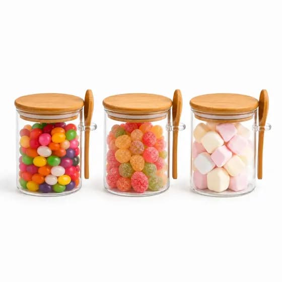 Kit 3 Potes De Vidro Com Tampa E Colher De Bambu Cor Transparente