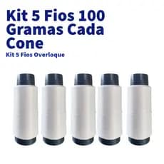 Kit 5 Linha Costura Fios para Overloque 100g Cone Cor Branco Preto Colorido Maquina Overlock Interlo