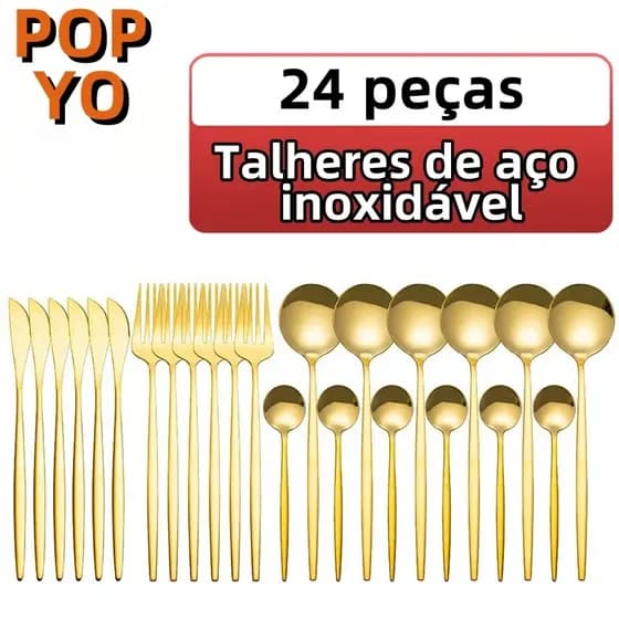 Conjunto de 24 peças de utensílios de mesa de aço inoxidável, ouro, material de cozinha POPYO