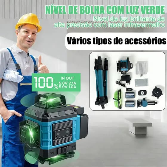 Nível Laser 4D 16 Linhas Verde 360º Profissional Autonivelante – Tripé, 2 Baterias e Maleta