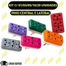 Kit Adaptador Tomada Benjamin T Triplo 03 Entradas Pino Central/Lateral Colorido 10A/20A Bivolt
