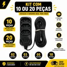 Kit com 10 ou 20 Extensão Tripolar Bivolt 2 3 5 E 10 Metros (10A - Cor Preta -110/220V - 03 tomadas)