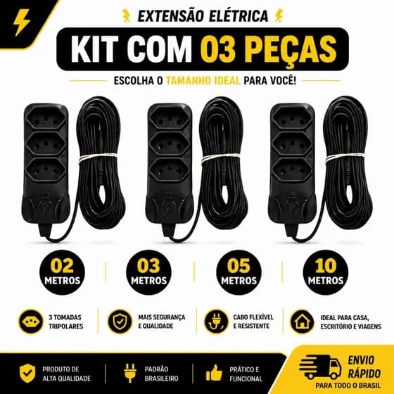 Kit 03 Extensão Tripolar Bivolt 2, 3, 5 E 10 Metros (10A - Cor Preta - 110/220V - 03 tomadas)