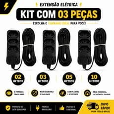 Kit 03 Extensão Tripolar Bivolt 2, 3, 5 E 10 Metros (10A - Cor Preta - 110/220V - 03 tomadas)