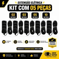 Kit 05 Extensão Tripolar Bivolt 2, 3, 5 E 10 Metros (10A - Cor Preta - 110/220V - 03 tomadas)