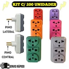 Kit 50/100/200 Adaptador Tomada Benjamin T Triplo 03 Entradas Pino Central/Lateral Colorido 10A/20A Bivolt