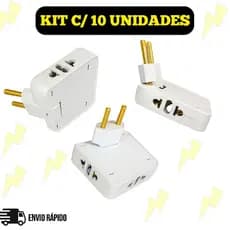 Kit Adaptador Tomada Benjamin Articulado Triplo Pino Plug 03 Saídas 10A (Branco/Preto)