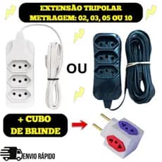 EXTENSÃO ELÉTRICA TRIPOLAR 2 3 5 E 10 METROS + ADAPTADOR CUBO - AMBOS BIVOLT ENVIO COR ALEATÓRIA