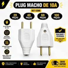 Kit Pino Plug Macho Tomada 2P 10A 250V Branco - 20/40/60/100 Unidades