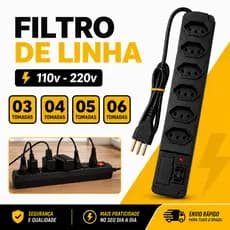 Filtro de Linha Régua Elétrica Bivolt 03, 04, 05, 06 Tomadas 10A Tripolar c/ Interruptor e Fusível de Proteção