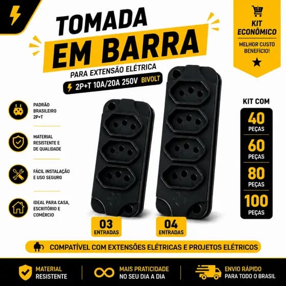 Kit Tomada em Barra Régua P/ Extensão Elétrica 03 e 04 entradas 2P+T 10A/20A 250V Bivolt Preta (40/60/80/100 Peças)