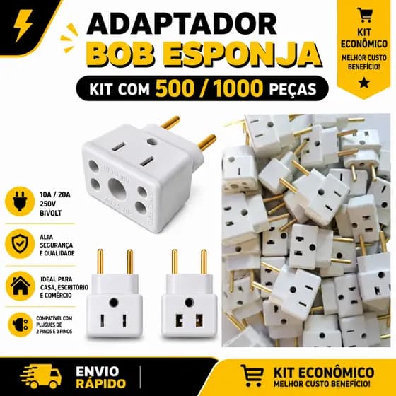 Kit com 500/1000 Adaptador Tomada Benjamin Universal Bob Esponja 10A/20A (Branco - 250V - Bivolt)