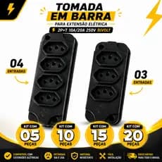 Kit 05/10/15/20 Tomada em Barra Régua P/ Extensão Elétrica 03 e 04 entradas 2P+T 10A/20A 250V Bivolt Preta