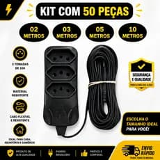 Kit 50 Extensão Tripolar Bivolt 2, 3, 5 E 10 Metros (10A - Cor Preta - 110/220V - 03 tomadas)