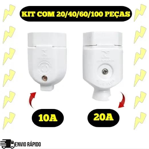 Kit Plug Fêmea Tomada Extensão Elétrica Entrada 10A/20A Bivolt (Cor Branca) - 20/40/60/100 Unidades