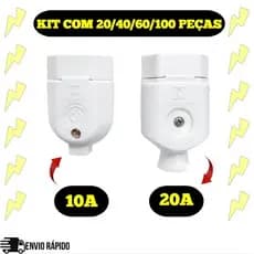 Kit Plug Fêmea Tomada Extensão Elétrica Entrada 10A/20A Bivolt (Cor Branca) - 20/40/60/100 Unidades