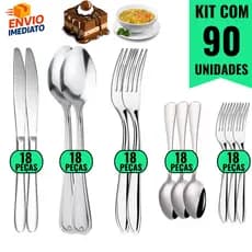 KIT 90 Talheres em Inox Premium Jogo Completo 18 Colher 18 Garfo 18 Faca 18 Garfo de Sobremesa 18 Colher de Sobremesa