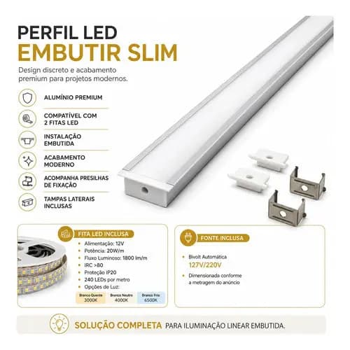 Perfil Led 1m Embutir 30x10 Alumínio C/ Duas Fitas + Fonte Branco 4000k Branco Neutro - Branco