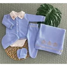 Kit Masculino Saída de Maternidade 6 Peças em Malha Tricô – Casaco, Body, Manta, Luvas e Touca  Escolha o Nome
