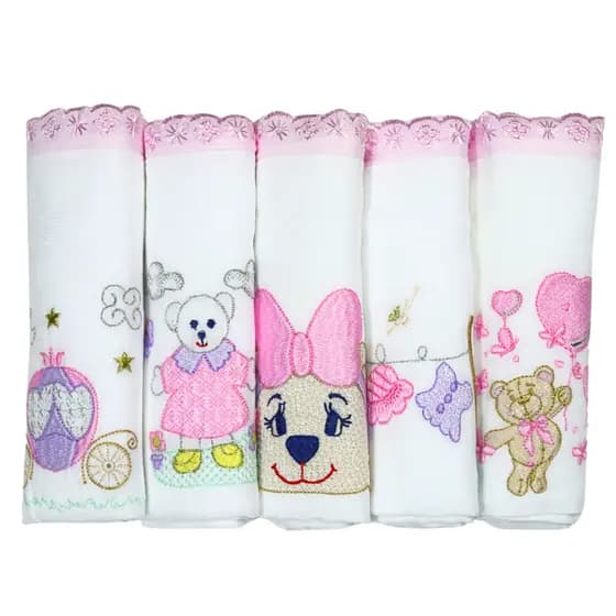 Kit com 5 Fraldas dupla de Pano Bordadas - Antialérgico 100% Alogdão Macio Premium 0,70 x 0,70cm