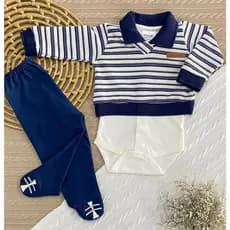 Conjunto Pagão RN Listrado – Body, Suéter Suedine e Mijão | Saída de Maternidade Bebê