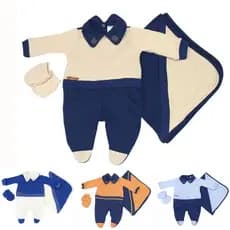 Kit Com 4 Peças Saída de Maternidade Com Coletinho em Tricô - Tamanho RN