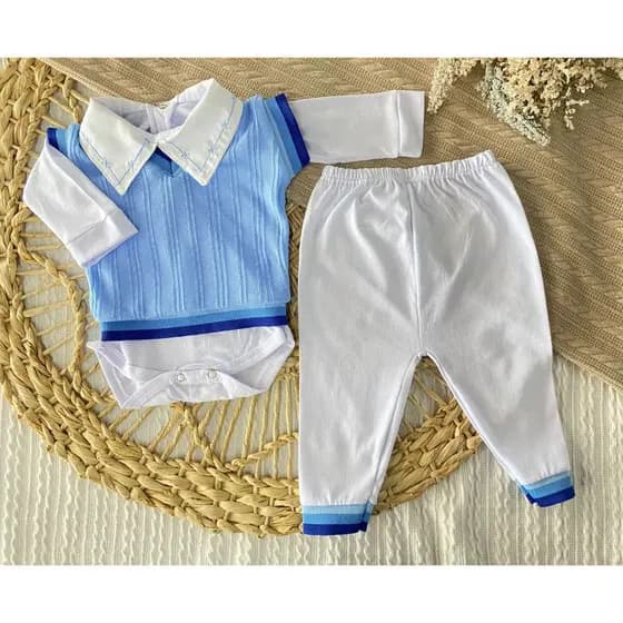 Conjunto Bebê Maternidade Body Bordado Gola Colete em Tricô Mijão Malha Macio
