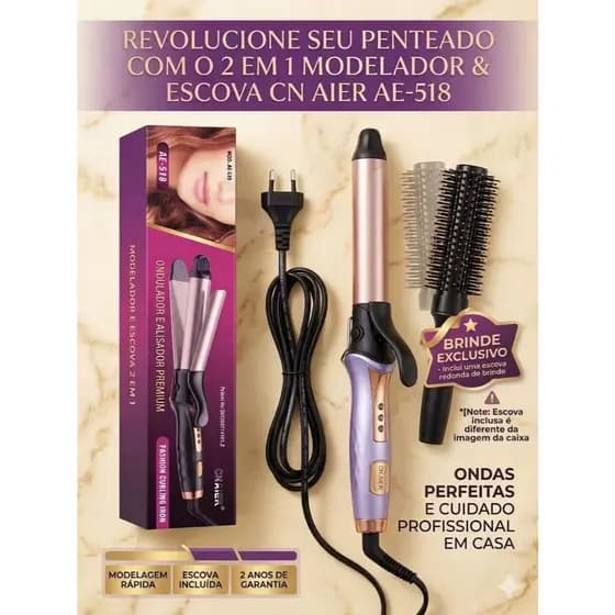 Modelador e Escova 2 em 1 AE-518 – Ondas Perfeitas + Alisamento Premium, com Brinde Exclusivo (Escova Redonda)
