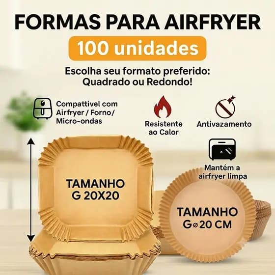 Kit 100 Formas Descartáveis para Airfryer Quadrada ou Redonda Forro Papel Antiaderente Impermeável