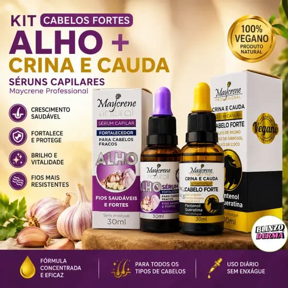Kit Sérum Capilar Maycrene Alho cabelos ralos + Crina e Cauda Crescimento Fortalecimento
