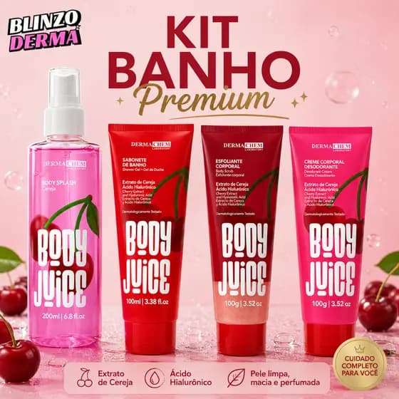 Kit Body Juice Cereja Dermachem 4 em 1 Hidratação Intensa Pele Macia e Cheirosa com Body Splash