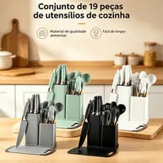 Kit 19/12/6 Peças Jogo de Utensílios Para Cozinha em Silicone Com Cabo de Madeira Completo