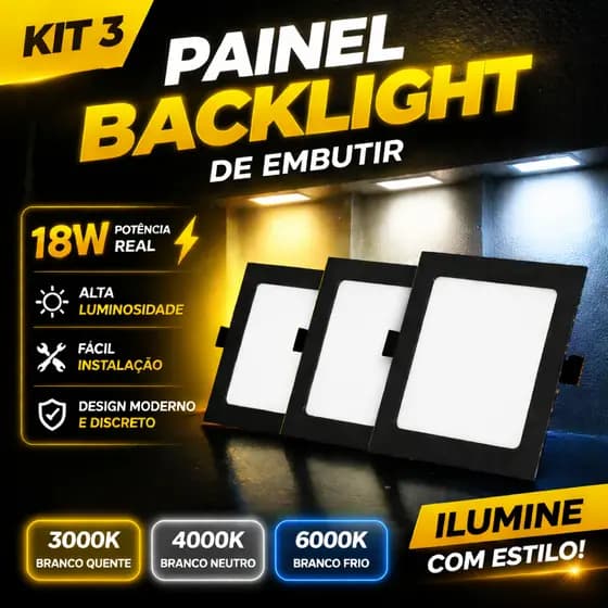 Kit 3 Painel Led de Embutir 18w Borda Preta ideal para Gesso, Teto, Sanca