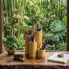 Kit Organizador De Mesa Porta Canetas Lápis De Bambu