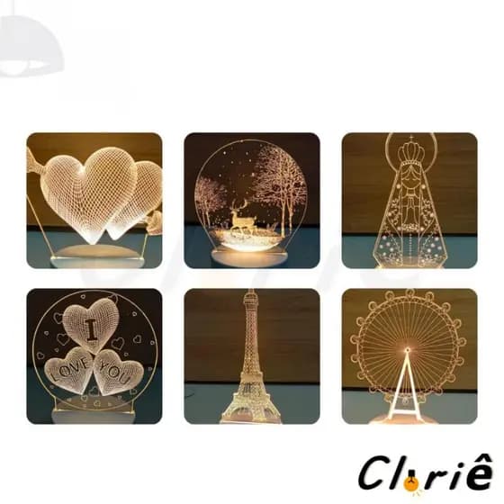 LUMINÁRIA DE MESA USB LED BRANCO QUENTE SANTINHA CORAÇÃO NATUREZA RODA GIGANTE TORRE EIFFEL