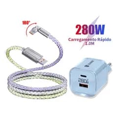 Carregador Cabo Tipo C Micro USB 1M Carregamento Rápido Streamer Colorido Com Adaptador de 280 W