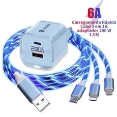 Carregador Tipo C Micro USB V8 iP 3 Em 1 Cabo 1 Metro Carregamento Rápido 280W Adaptador