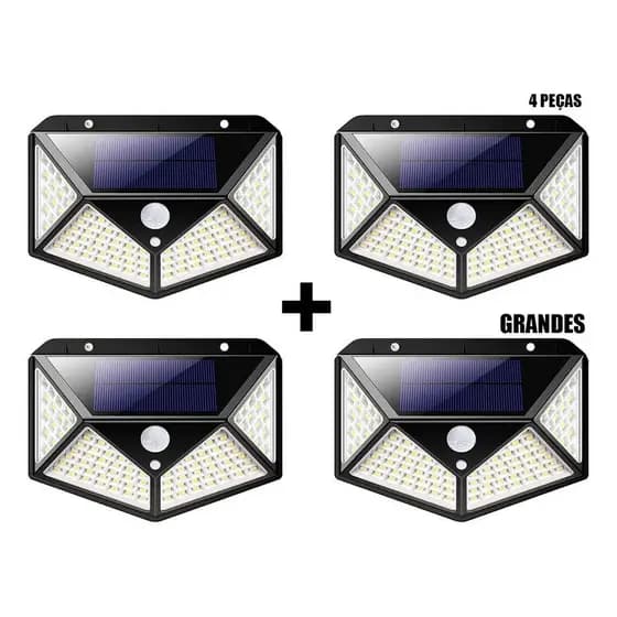 Kit 4 Luminária Nova energia Solar Grande 100 Led Sensor Presença 3 Luzes