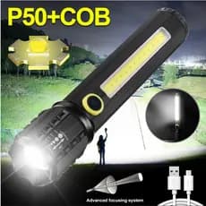 Lanterna Tática Militar Led P50 + Cob USB Recarregável Com Ajuste de Zoom Prova Dagua