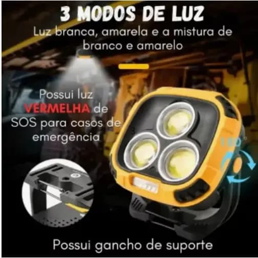 Lanterna Refletor Led Recarregável 30w 3 Cor Led Portátil