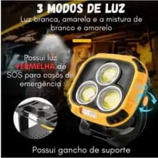 Lanterna Refletor Led Recarregável 30w 3 Cor Led Portátil