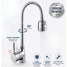 Torneira Cozinha Gourmet Monocomando Flexível de Bancada Misturador Água Quente e Fria Metal Cromado Luxo