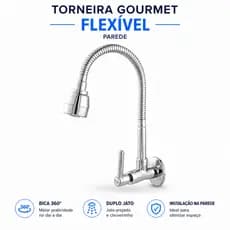 Torneira de Cozinha Parede Gourmet Flexível 2 Jatos 1/4 de Volta