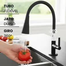 Torneira Silicone Cozinha Bancada Ou Parede Preta com Tubo Flexível Cone Dois Jatos
