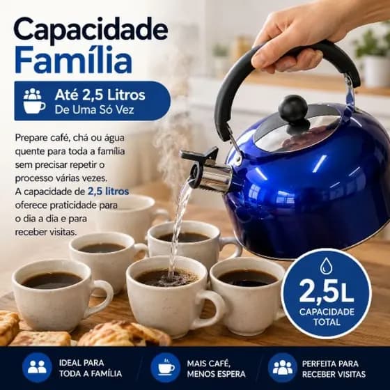 Chaleira  Inox Apito 2,5L Cores Sortida Ferve Rápido Café chá água fogao boca aquecimento rápido