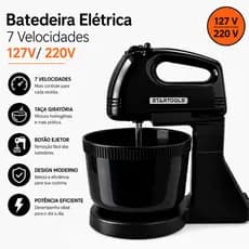 Batedeira Elétrica Compacta Alta Potência 127V com Tigela 2 Litros Preta Startools Pro