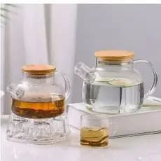 Kit 2 Chaleiras de Vidro com Tampa Bambu Premium Borossilicato 1L Bule Café Chá