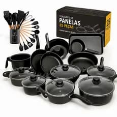 Kit Conjunto Panelas 25 ou 10  Peças Rosa Teflon Antiaderente Tampa Vidro Moderno Resistente Marpal