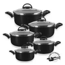 Kit Jogo De Panelas Caçarolas 05 Peças Antiaderente Moderno Duravel Teflon Tampa Vidro Conjunto
